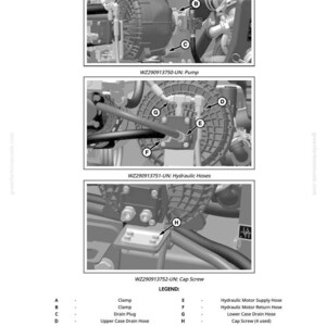 Op de afbeelding: Technische diagram van een pomp en hydraulische slangen, met labels A tot en met H. De afbeelding bevat close-ups van klemmen, aftappluggen en cilinderkopschroeven, met een legenda die elk onderdeel uitlegt. Het diagram komt uit een greenfarmmanuals.com handleiding.
