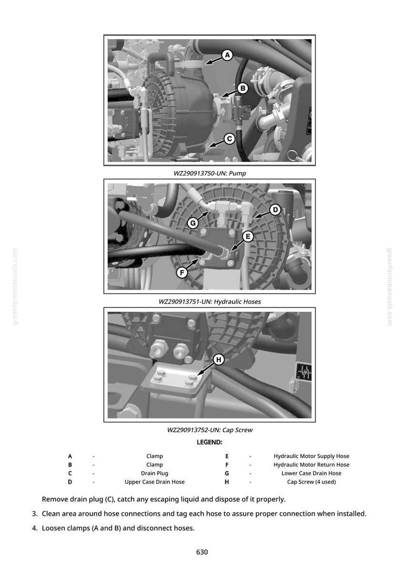 Op de afbeelding: Technische diagram van een pomp en hydraulische slangen, met labels A tot en met H. De afbeelding bevat close-ups van klemmen, aftappluggen en cilinderkopschroeven, met een legenda die elk onderdeel uitlegt. Het diagram komt uit een greenfarmmanuals.com handleiding.