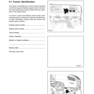 Puede incluir: P&aacute;gina de un manual t&eacute;cnico con el t&iacute;tulo "INTRODUCTION" y "Sect. 2 - Identificaci&oacute;n del tractor y especificaciones t&eacute;cnicas". Incluye diagramas de componentes del tractor y texto sobre n&uacute;meros de serie.