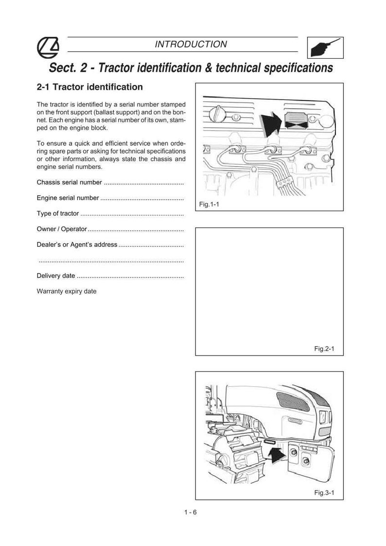 Puede incluir: P&aacute;gina de un manual t&eacute;cnico con el t&iacute;tulo "INTRODUCTION" y "Sect. 2 - Identificaci&oacute;n del tractor y especificaciones t&eacute;cnicas". Incluye diagramas de componentes del tractor y texto sobre n&uacute;meros de serie.