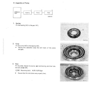 May include: Technical diagram from a manual detailing the disassembly and assembly of a torque converter. The diagram includes labeled components such as a gear, bearing, pump, and plate, with corresponding images and instructions.