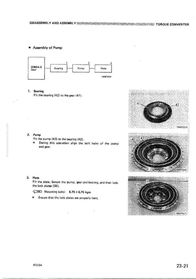 May include: Technical diagram from a manual detailing the disassembly and assembly of a torque converter. The diagram includes labeled components such as a gear, bearing, pump, and plate, with corresponding images and instructions.
