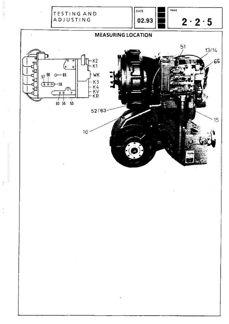 May include: Diagram of an engine with labels and measurements. The image includes the text "TESTING AND ADJUSTING" and "MEASURING LOCATION". The date "02.93" and page number "2-2.5" are also visible.