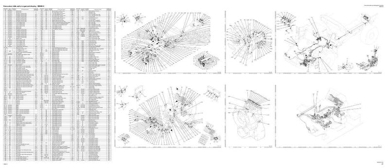 May include: A technical drawing featuring several diagrams and a large data table. The diagrams are intricate line drawings with labels and arrows. The table presents rows and columns of text and numerical data.