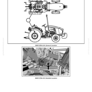 K&ouml;nnte beinhalten: Diagramm eines Traktors mit detaillierter Ansicht des Hitch-Zylinder-Testanschlusses. Das Bild enth&auml;lt Draufsichten und Seitenansichten des Traktors mit Beschriftungen, die allgemeine und detaillierte Standorte angeben. Text enth&auml;lt "Z07 - Hitch Cylinder Test Port".