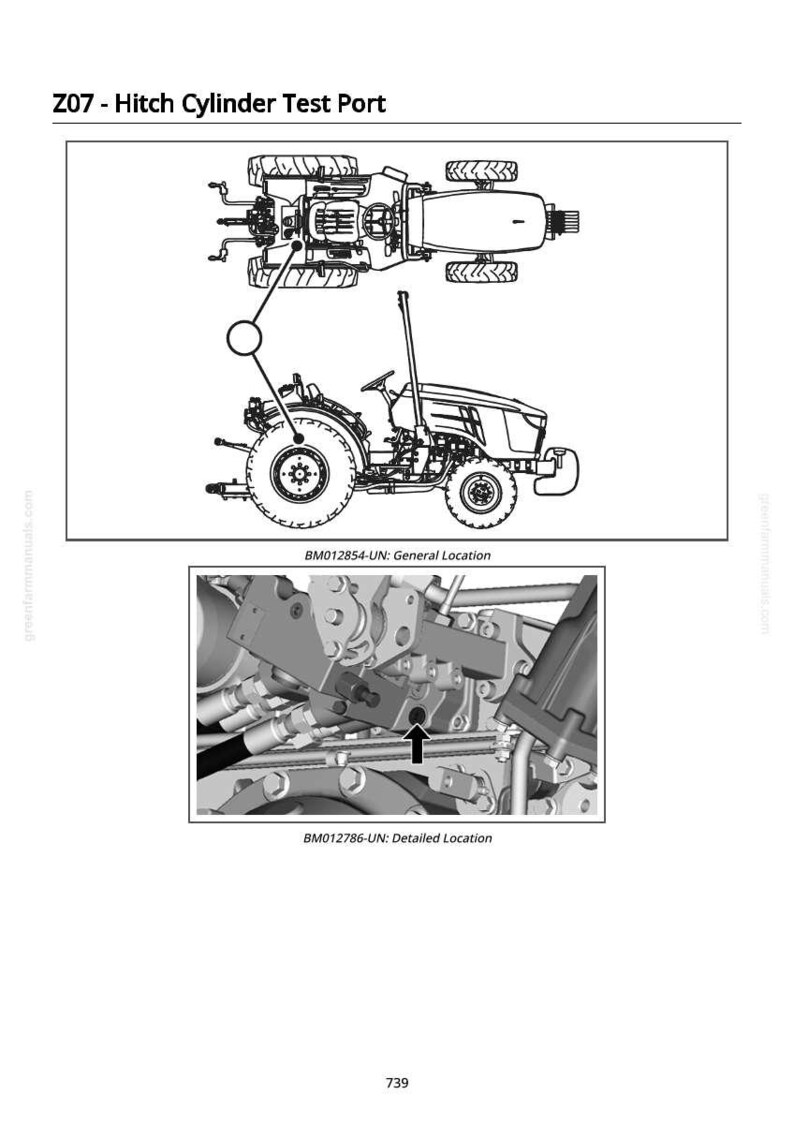 K&ouml;nnte beinhalten: Diagramm eines Traktors mit detaillierter Ansicht des Hitch-Zylinder-Testanschlusses. Das Bild enth&auml;lt Draufsichten und Seitenansichten des Traktors mit Beschriftungen, die allgemeine und detaillierte Standorte angeben. Text enth&auml;lt "Z07 - Hitch Cylinder Test Port".