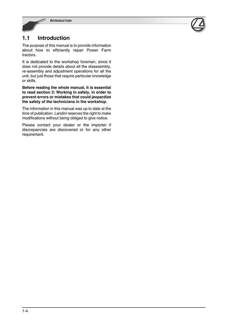 May include: A white manual page with the title "Introduction" and the text "The purpose of this manual is to provide information about how to efficiently repair Power Farm tractors."