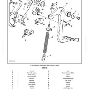 Op de afbeelding: Een explosietekening van een koppelingspedaal, gelabeld LX1030468-UN. De zwart-wit illustratie toont verschillende componenten, waaronder veren, ringen en een potentiometer. Een legenda identificeert elk onderdeel.