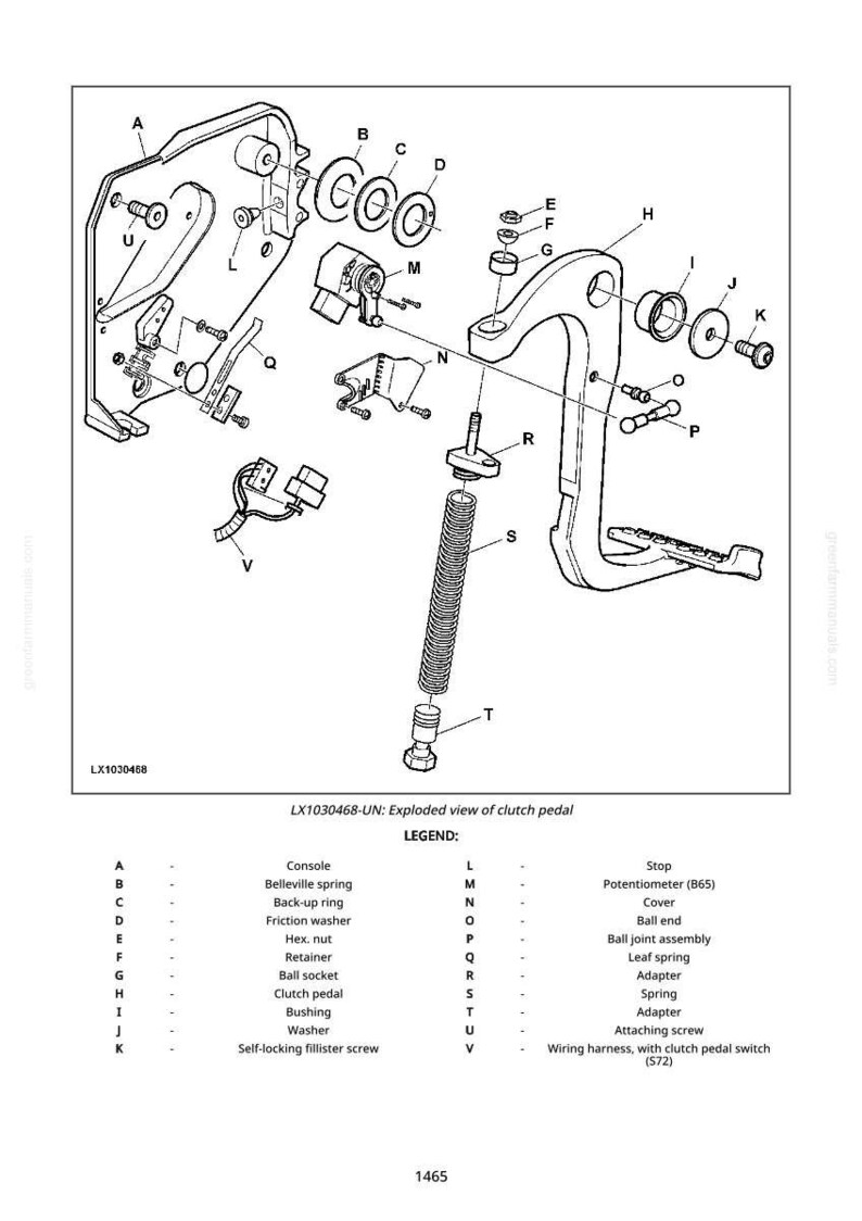 Op de afbeelding: Een explosietekening van een koppelingspedaal, gelabeld LX1030468-UN. De zwart-wit illustratie toont verschillende componenten, waaronder veren, ringen en een potentiometer. Een legenda identificeert elk onderdeel.