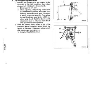 May include: Diagram of a mechanical system with labels and measurements. The text reads "Adjusting parking brake lever" and includes instructions for adjusting the lever, with dimensions in millimeters.