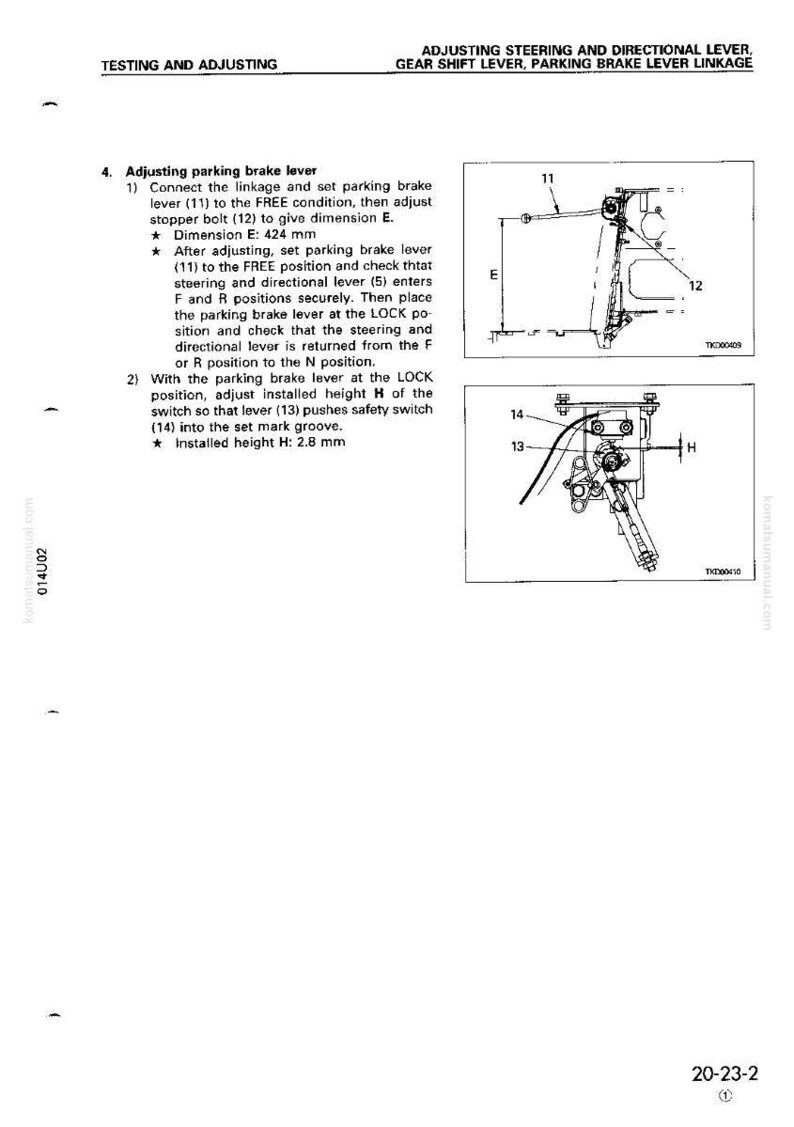 May include: Diagram of a mechanical system with labels and measurements. The text reads "Adjusting parking brake lever" and includes instructions for adjusting the lever, with dimensions in millimeters.