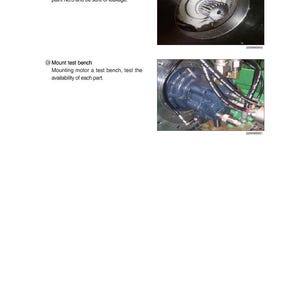 May include: Technical diagram with two images. The top image shows a close-up of a mechanical component with a white interior. The bottom image shows a motor with attached hoses. Text includes "Leakage check" and "Mount test bench".