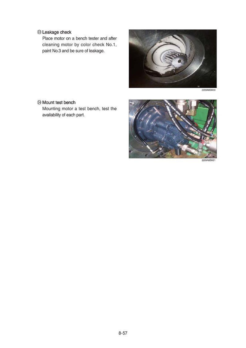 May include: Technical diagram with two images. The top image shows a close-up of a mechanical component with a white interior. The bottom image shows a motor with attached hoses. Text includes "Leakage check" and "Mount test bench".