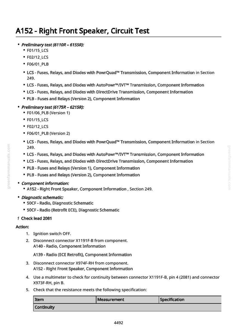 May include: A white document with black text detailing a circuit test for a right front speaker. The document includes preliminary tests, component information, diagnostic schematics, and action steps for troubleshooting.
