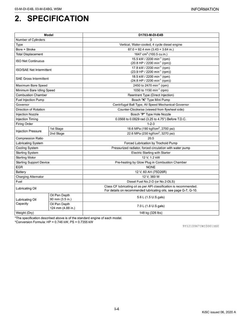 May include: A detailed specification sheet for a D1703-M-DI-E4B engine, including technical data such as bore x stroke (3.43 x 3.64 in), displacement (100.5 cu in), and fuel type. The document also lists the engine's weight as 326 lbs.