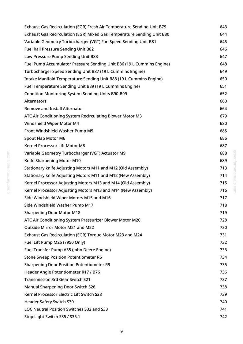 May include: A printed page with a list of automotive parts and their corresponding numbers. The list includes components like turbochargers, pumps, and sensors, with a greenfammanuals.com watermark.