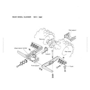 May include: An exploded diagram of a rear wheel cleaner assembly, labeled "REAR WHEEL CLEANER 1011~1047". The image shows various components including the wheel cleaner member, front support, rear support, and rear wheel. The diagram is in black and white.