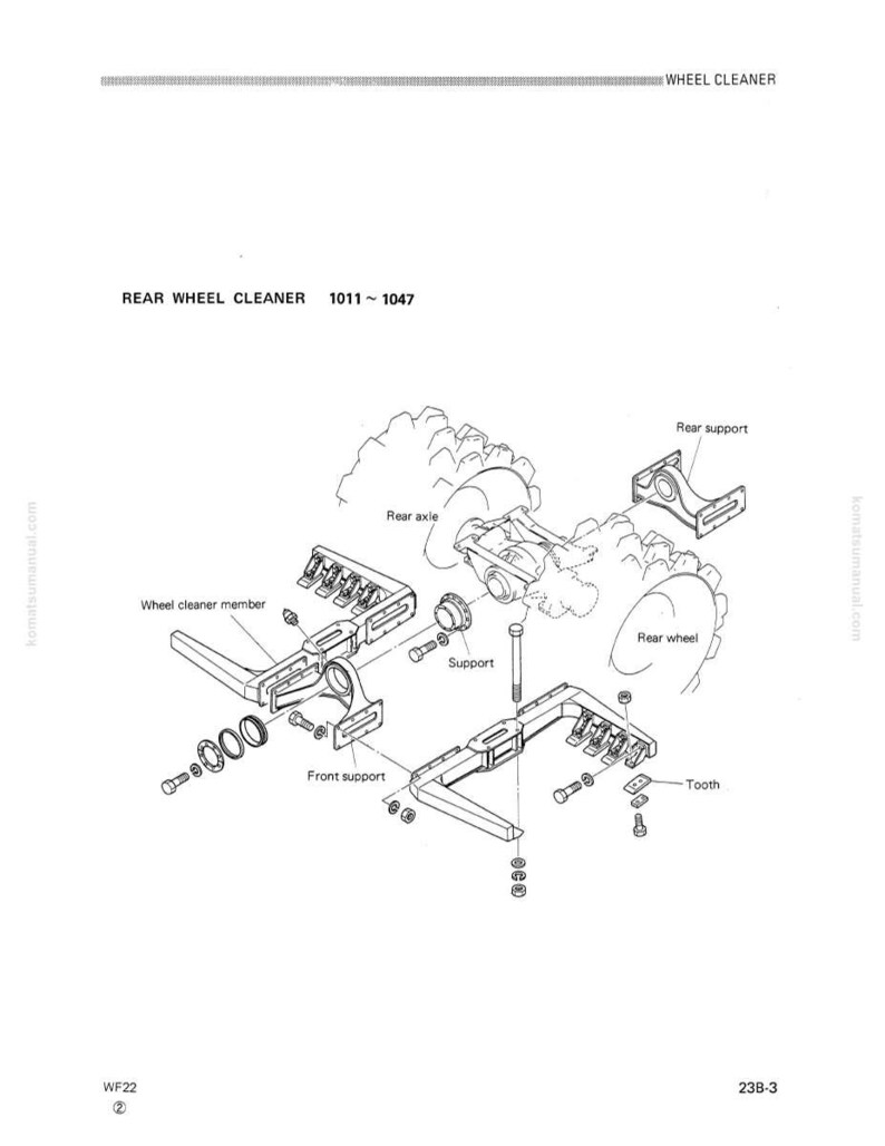 May include: An exploded diagram of a rear wheel cleaner assembly, labeled "REAR WHEEL CLEANER 1011~1047". The image shows various components including the wheel cleaner member, front support, rear support, and rear wheel. The diagram is in black and white.