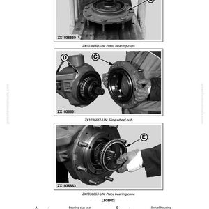 Puede incluir: Diagrama t&eacute;cnico que muestra los pasos para el mantenimiento de un cubo de rueda. La imagen incluye primeros planos de las copas de rodamiento, el cubo de la rueda y el cono de rodamiento. Etiquetas de texto y flechas se&ntilde;alan componentes espec&iacute;ficos.