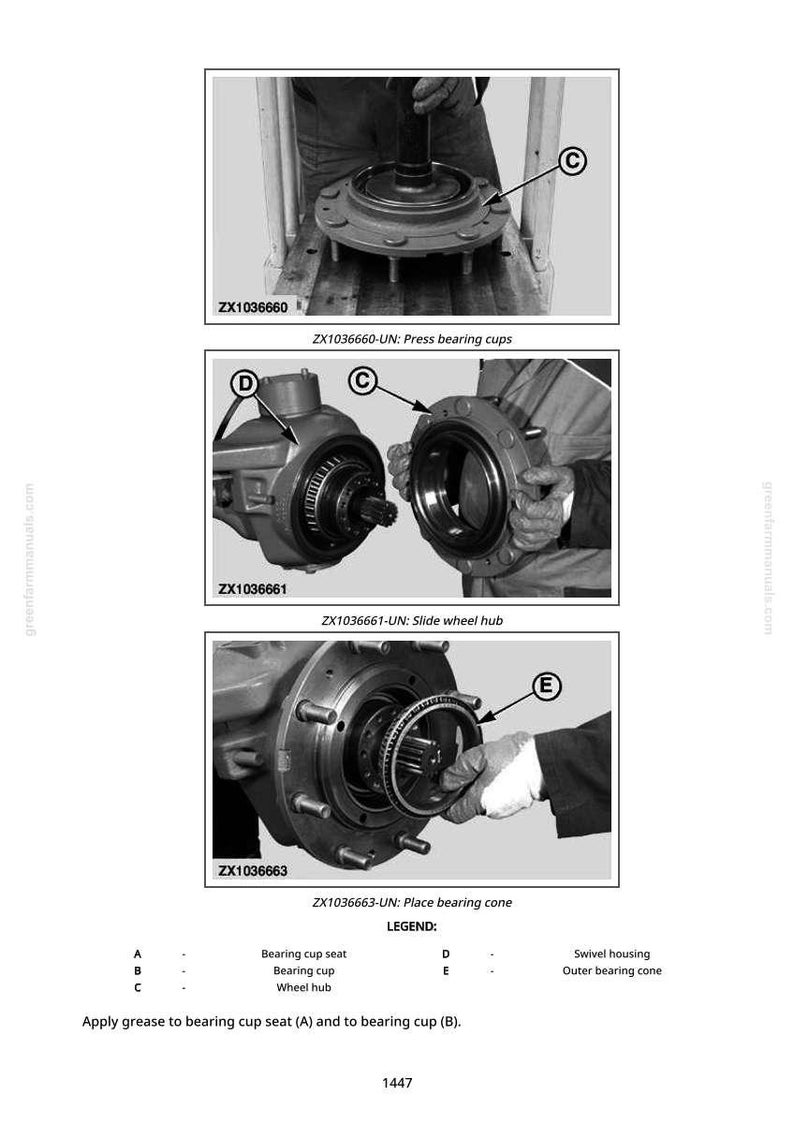 Puede incluir: Diagrama t&eacute;cnico que muestra los pasos para el mantenimiento de un cubo de rueda. La imagen incluye primeros planos de las copas de rodamiento, el cubo de la rueda y el cono de rodamiento. Etiquetas de texto y flechas se&ntilde;alan componentes espec&iacute;ficos.