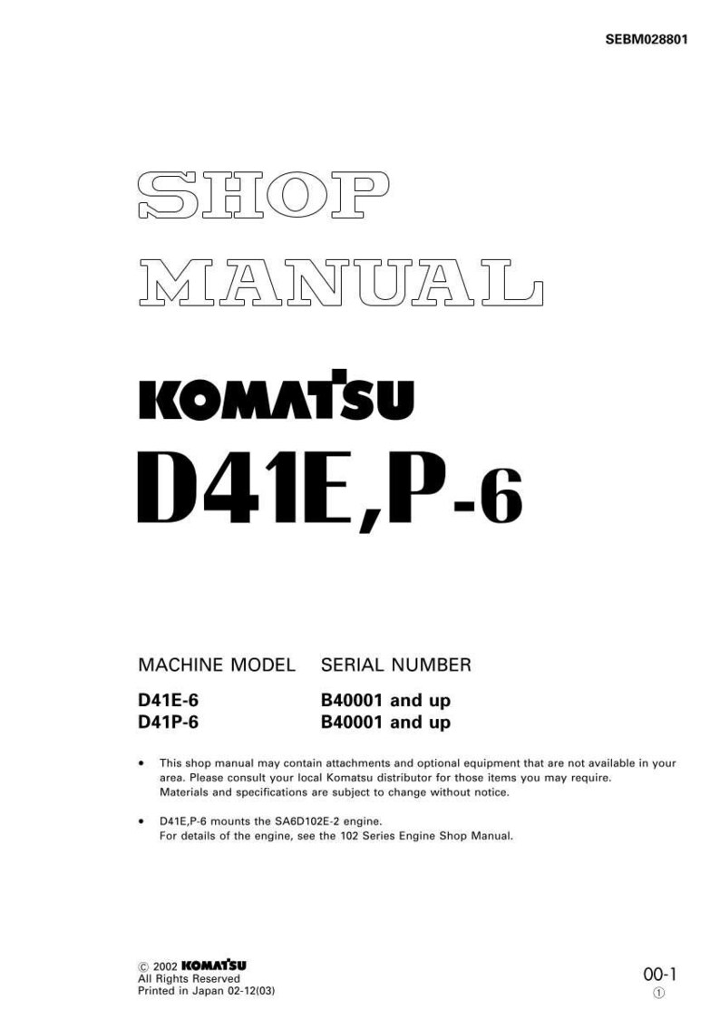 May include: A white shop manual with the text "SHOP MANUAL" at the top, the Komatsu logo, and "D41E,P-6" in bold black letters. The manual includes machine model and serial number information.