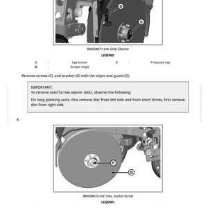 May include: Diagram of agricultural machinery components, including a disk cleaner and hex socket screw. The image includes labels for cap screws, scraper angle, and protective cap. Instructions are provided for removing screws and discs.