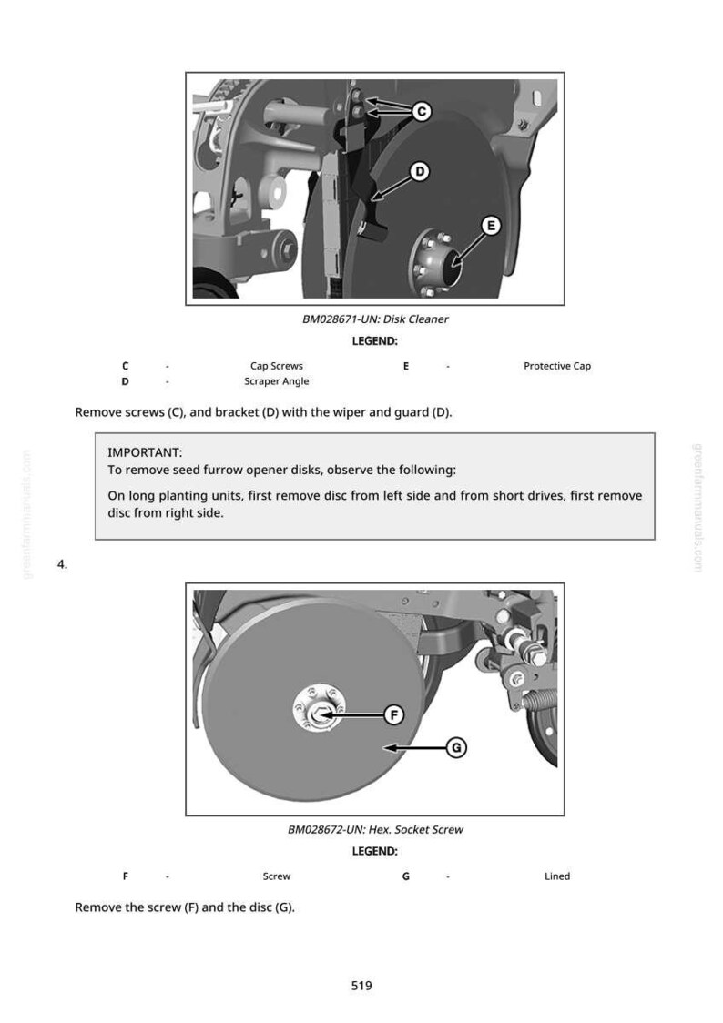 May include: Diagram of agricultural machinery components, including a disk cleaner and hex socket screw. The image includes labels for cap screws, scraper angle, and protective cap. Instructions are provided for removing screws and discs.