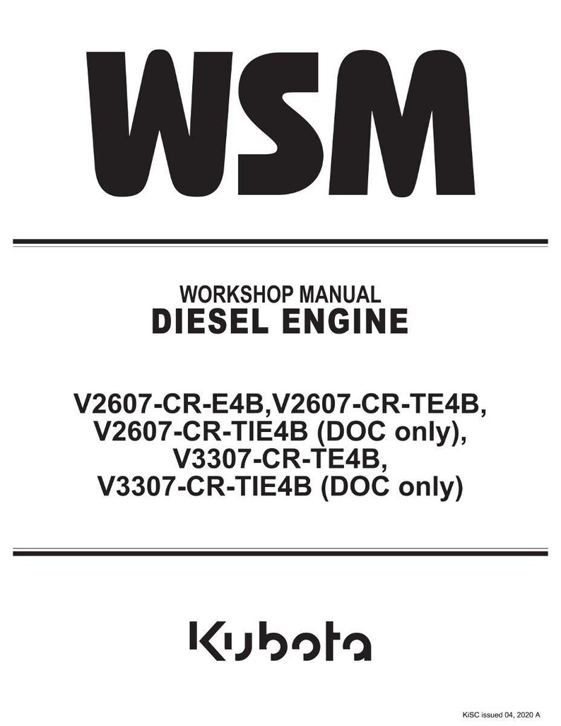 May include: A white document with black text. The text reads "WSM" at the top, followed by "WORKSHOP MANUAL DIESEL ENGINE." Below are model numbers and the Kubota logo. The document is for diesel engines.