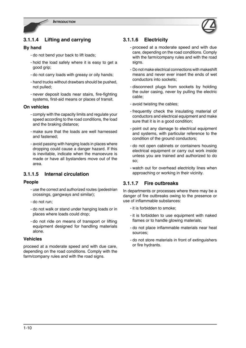 May include: A page from a safety manual with text about lifting, electricity, and fire safety. The document includes numbered sections and bullet points detailing safety procedures and guidelines for various workplace scenarios.