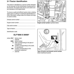 May include: A page from a tractor manual with the title "Sect.2-Tractor identification & technical specifications." It includes diagrams of engine parts and serial number locations, along with text explaining tractor identification and serial number formats.