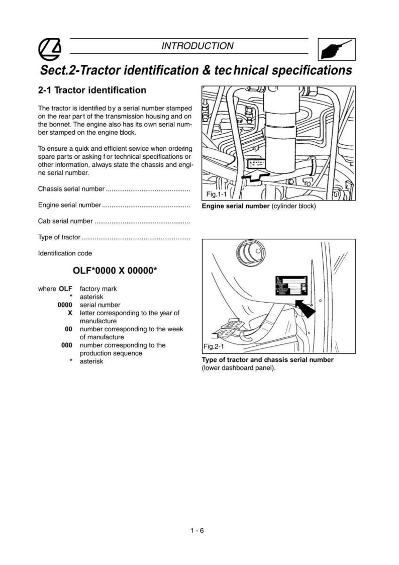 May include: A page from a tractor manual with the title "Sect.2-Tractor identification & technical specifications." It includes diagrams of engine parts and serial number locations, along with text explaining tractor identification and serial number formats.
