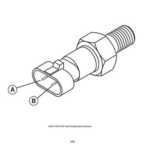 May include: Line drawing of a fuel temperature sensor. The sensor has a threaded end, a hexagonal nut, a cylindrical body, and an oval connector with two pins labeled A and B. The text "LVAL11337-UN: Fuel Temperature Sensor" is below the sensor.