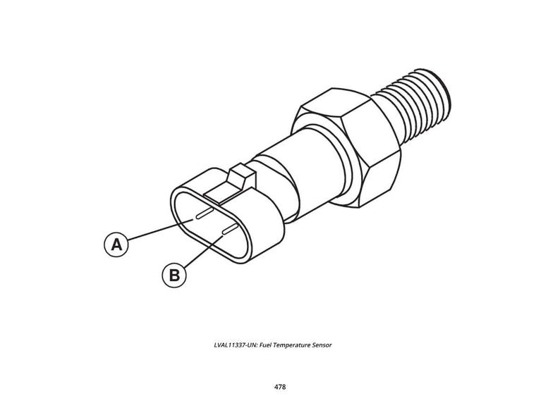 May include: Line drawing of a fuel temperature sensor. The sensor has a threaded end, a hexagonal nut, a cylindrical body, and an oval connector with two pins labeled A and B. The text "LVAL11337-UN: Fuel Temperature Sensor" is below the sensor.