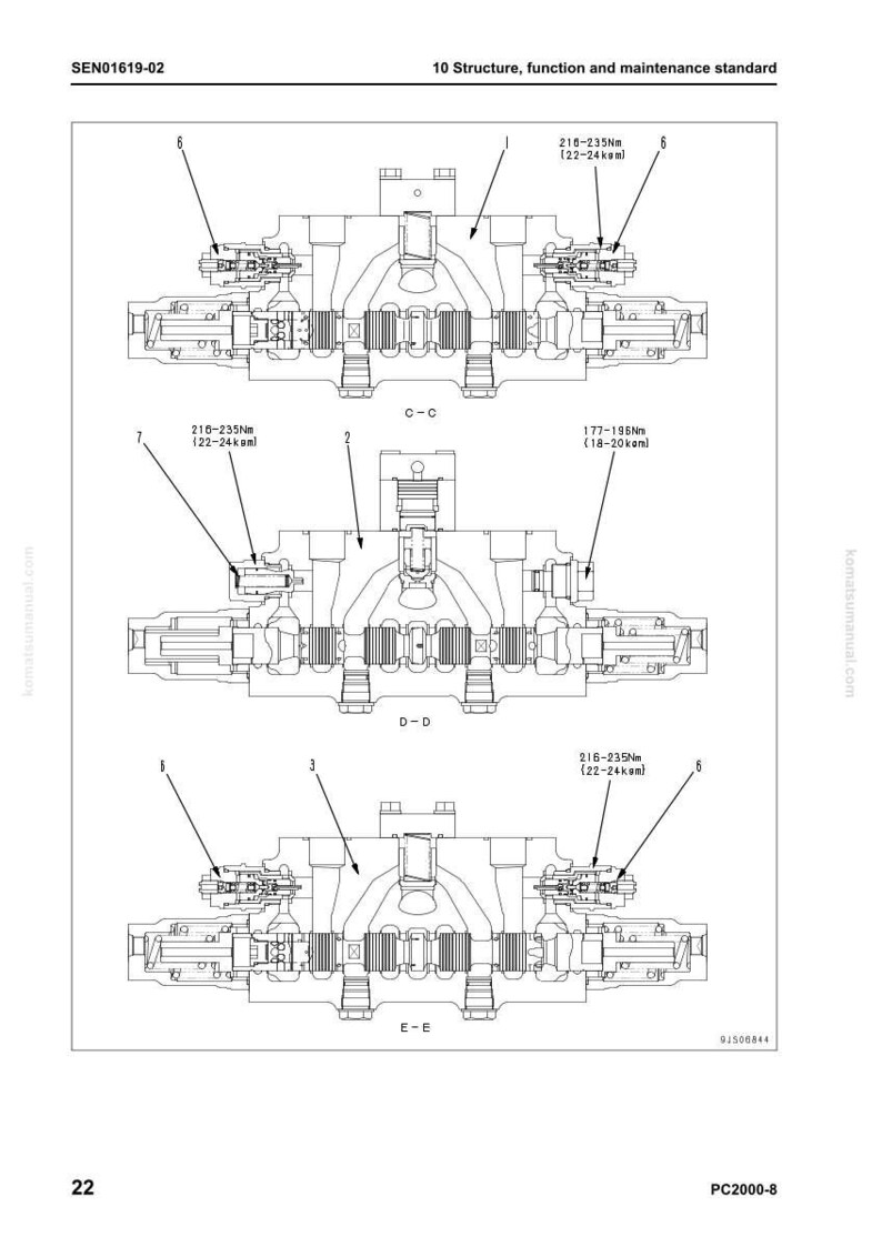 May include: Technical diagram of a mechanical component, featuring detailed views with labels and measurements in Nm and kpm. The image shows three different sections of the component, with arrows indicating specific parts and their specifications. The text "10 Structure, function and maintenance standard" is at the top.