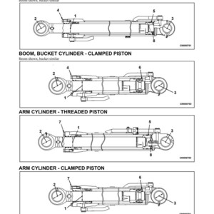 May include: Diagram of hydraulic cylinders, including boom and arm cylinders with threaded and clamped pistons. The image includes labels and numbers for each component, with the text "STRUCTURE AND FUNCTION" at the top.