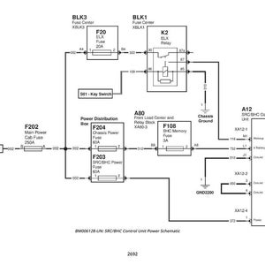 May include: A detailed electrical schematic diagram with labels and symbols. Components include fuses, relays, and a control unit, with text labels such as "Battery", "Fuse", and "Relay". The diagram is in black and white.