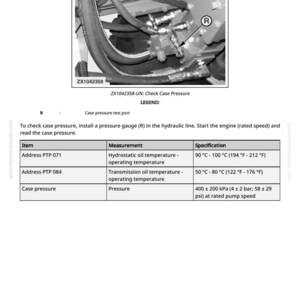 May include: Diagram titled "Check Case Pressure" with a close-up of hydraulic components. Text includes temperature and pressure specifications in Fahrenheit and PSI units. The image is from a manual.