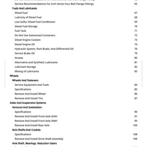 May include: A page from a manual with a table of contents. The text includes service recommendations, fuels, lubricants, wheels, axles, and suspension systems. Page numbers are listed on the right side.