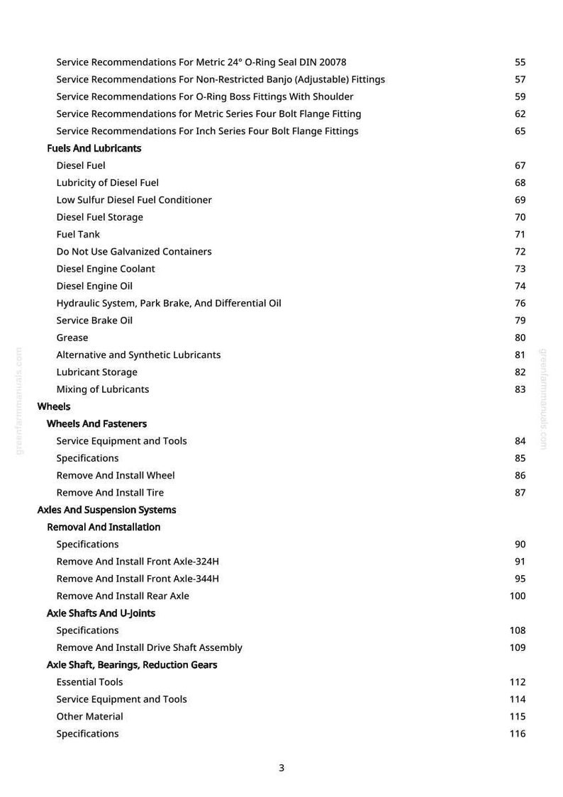 May include: A page from a manual with a table of contents. The text includes service recommendations, fuels, lubricants, wheels, axles, and suspension systems. Page numbers are listed on the right side.