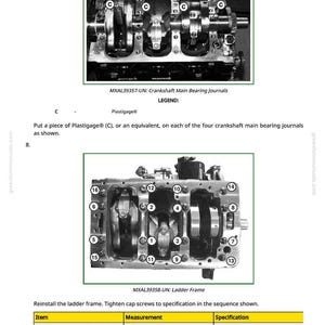 May include: Two grayscale images of engine components. The first shows a crankshaft with labels. The second image shows a ladder frame with numbered labels. Text includes instructions for reassembly and torque specifications.
