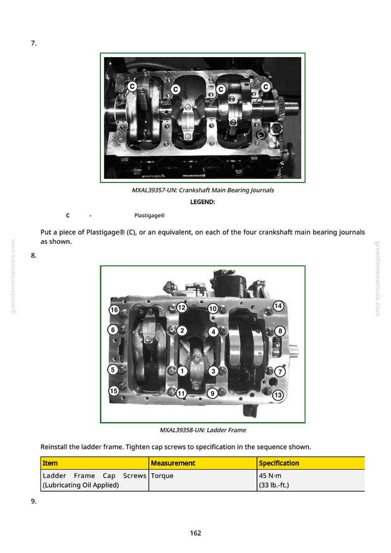 May include: Two grayscale images of engine components. The first shows a crankshaft with labels. The second image shows a ladder frame with numbered labels. Text includes instructions for reassembly and torque specifications.
