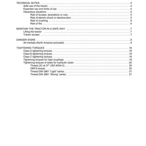 May include: A white document with the title "CONTENTS" and a list of topics including "INTRODUCTION", "TECHNICAL NOTES", and "TIGHTENING TORQUES". The document is for ARGO TRACTORS and includes safety information.