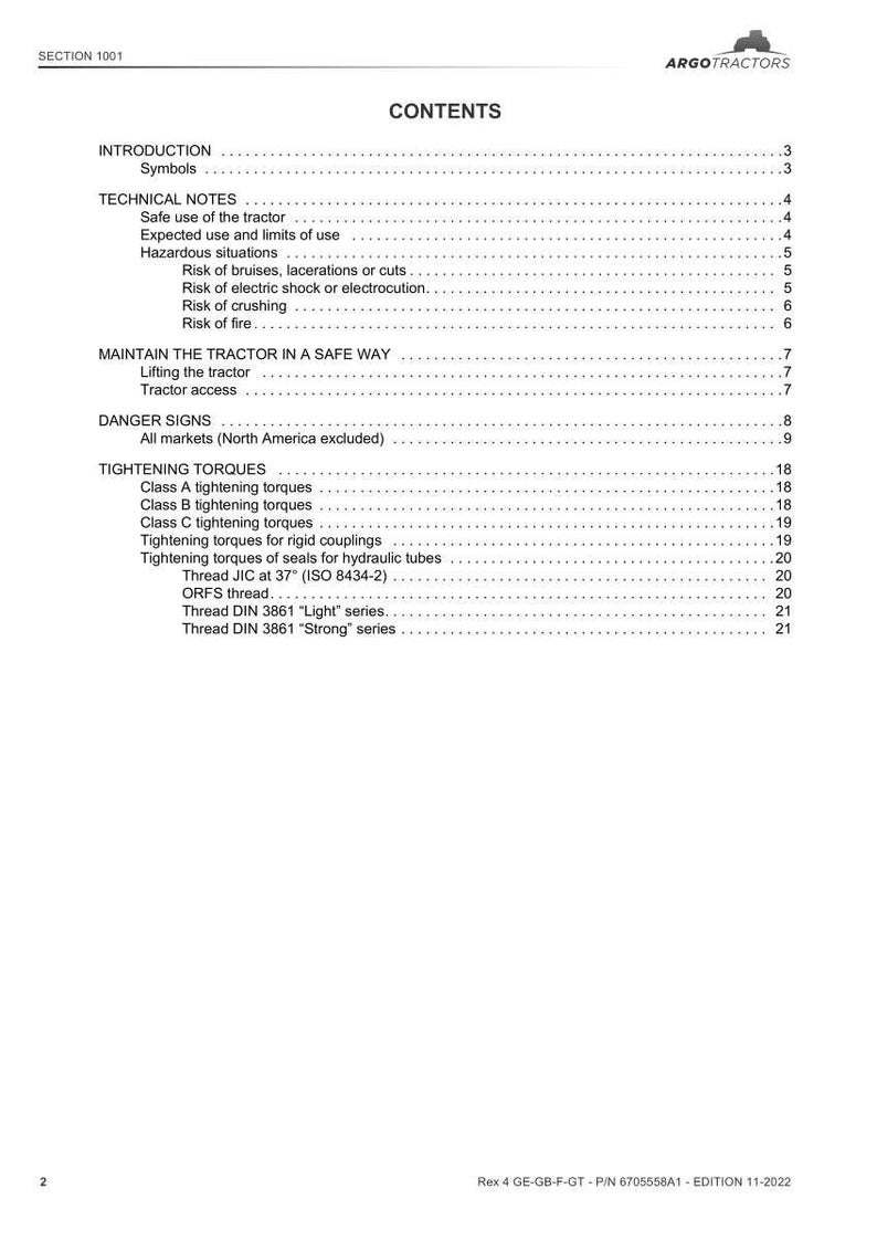 May include: A white document with the title "CONTENTS" and a list of topics including "INTRODUCTION", "TECHNICAL NOTES", and "TIGHTENING TORQUES". The document is for ARGO TRACTORS and includes safety information.