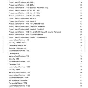 K&ouml;nnte beinhalten: Eine gedruckte Seite aus einem Handbuch mit Produkt- und Maschinenspezifikationen. Der Text enth&auml;lt Produktidentifikationsnummern, Bohrergr&ouml;&szlig;en und Feldkupplungstypen. Die Ma&szlig;e sind in Fu&szlig; angegeben.
