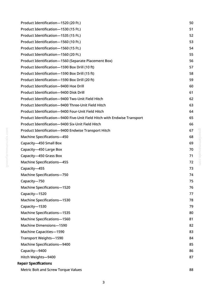 K&ouml;nnte beinhalten: Eine gedruckte Seite aus einem Handbuch mit Produkt- und Maschinenspezifikationen. Der Text enth&auml;lt Produktidentifikationsnummern, Bohrergr&ouml;&szlig;en und Feldkupplungstypen. Die Ma&szlig;e sind in Fu&szlig; angegeben.