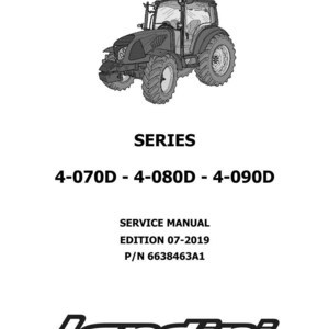 May include: Black and white illustration of a tractor, with the text "SERIES 4-070D - 4-080D - 4-090D" above "SERVICE MANUAL EDITION 07-2019 P/N 6638463A1" and the Landini logo.