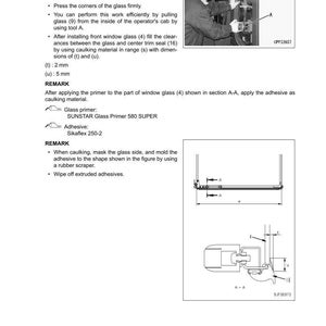 May include: Technical diagram for removing and installing operator cab glass. Includes diagrams, measurements in mm, and instructions for applying primer and adhesive. Features a photo of a person working on the cab glass.