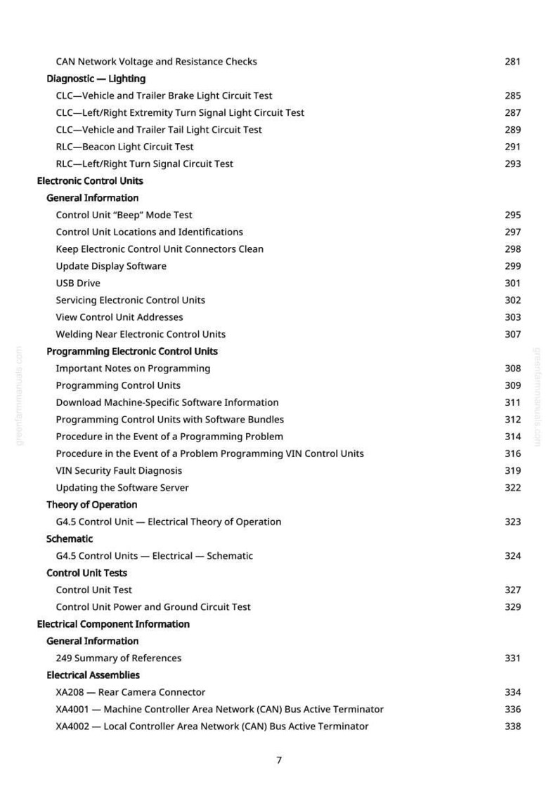 May include: A page from a manual with a table of contents. The text includes topics like "Diagnostic - Lighting", "Electronic Control Units", and "Programming Electronic Control Units". Page numbers are listed on the right.