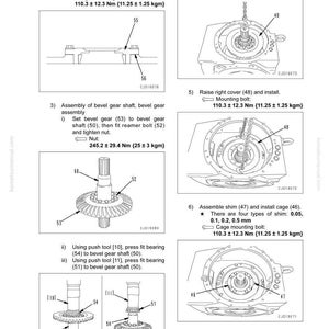 May include: Diagram of mechanical components with labels and measurements. Includes illustrations of gears, shafts, and bolts, with text indicating assembly steps and torque specifications in Newton-meters and kilograms-force meters.
