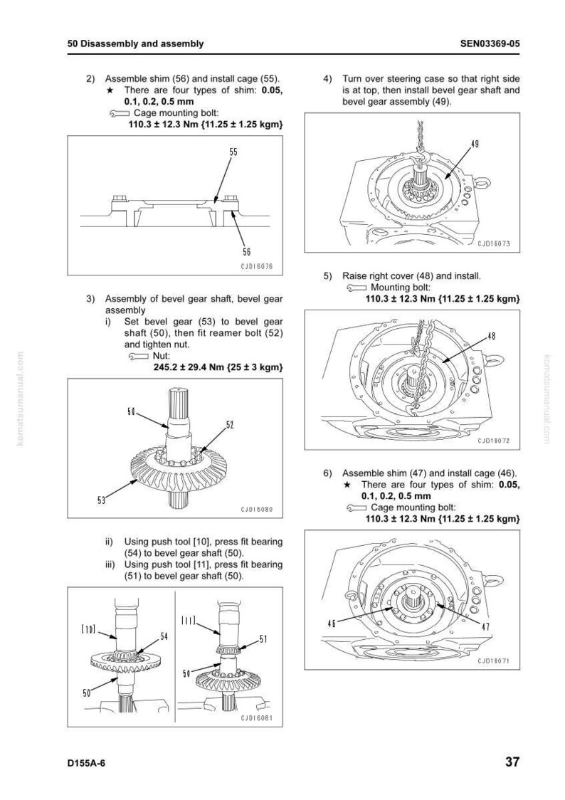 May include: Diagram of mechanical components with labels and measurements. Includes illustrations of gears, shafts, and bolts, with text indicating assembly steps and torque specifications in Newton-meters and kilograms-force meters.
